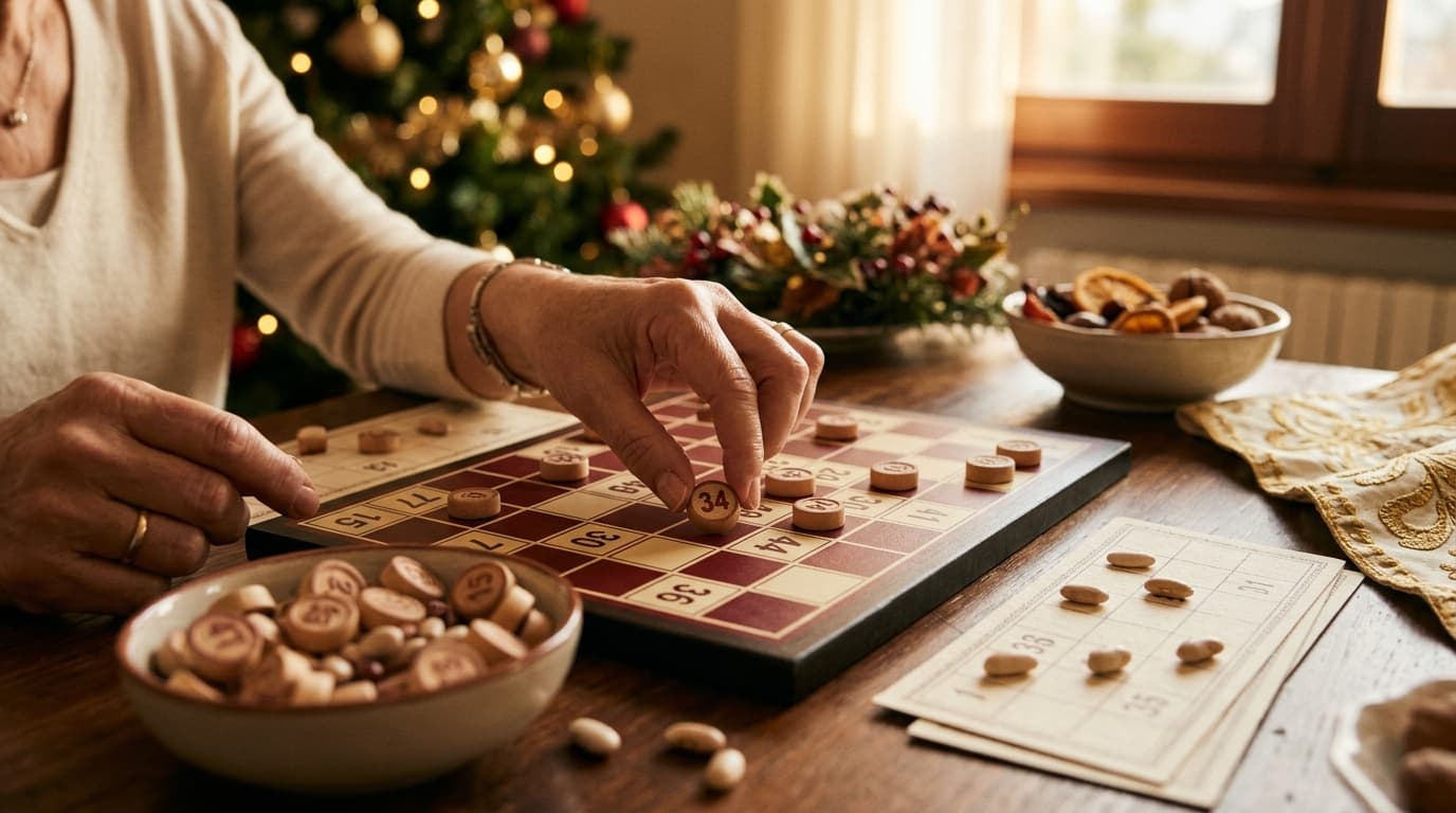 Cartelle della tombola pronte per il gioco, in un'atmosfera calda e festosa.