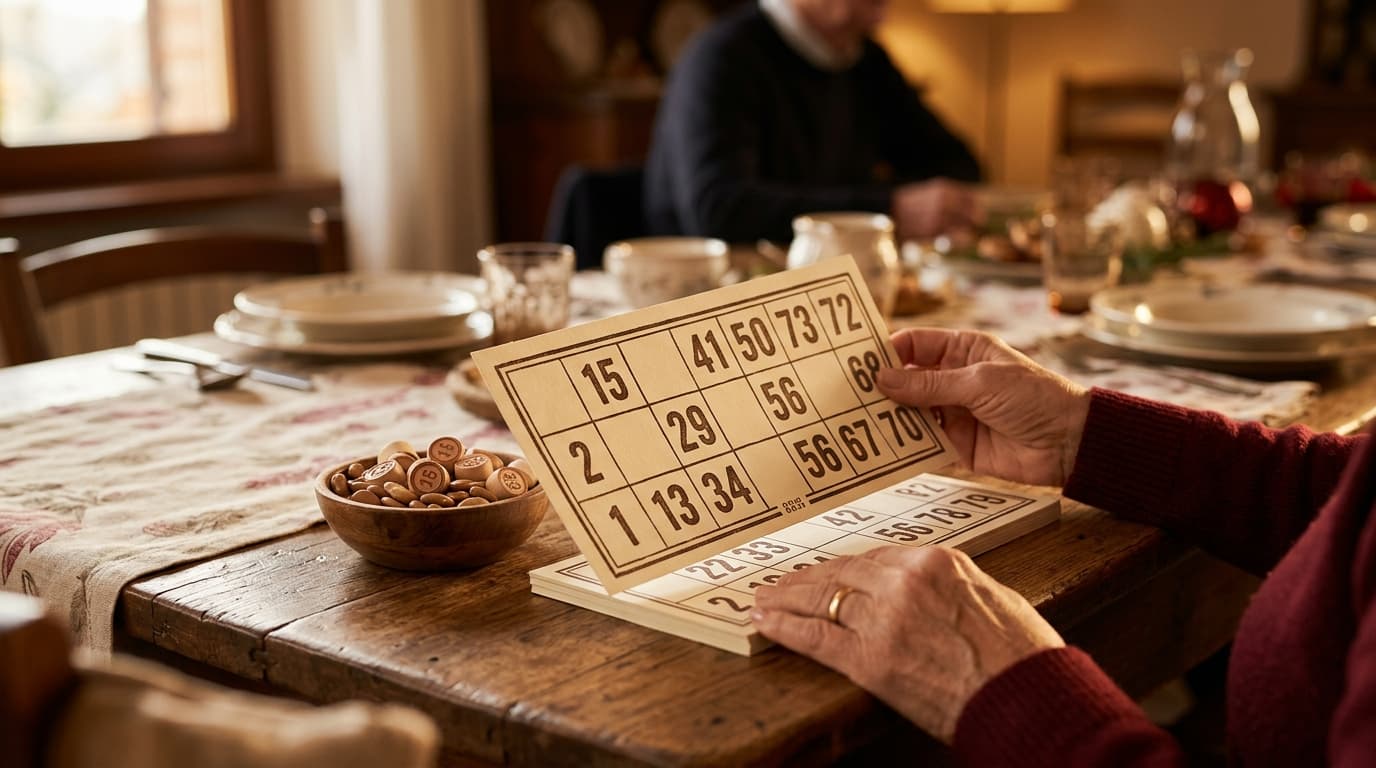 Cartelle della tombola pronte per il gioco, in un'atmosfera calda e festosa.