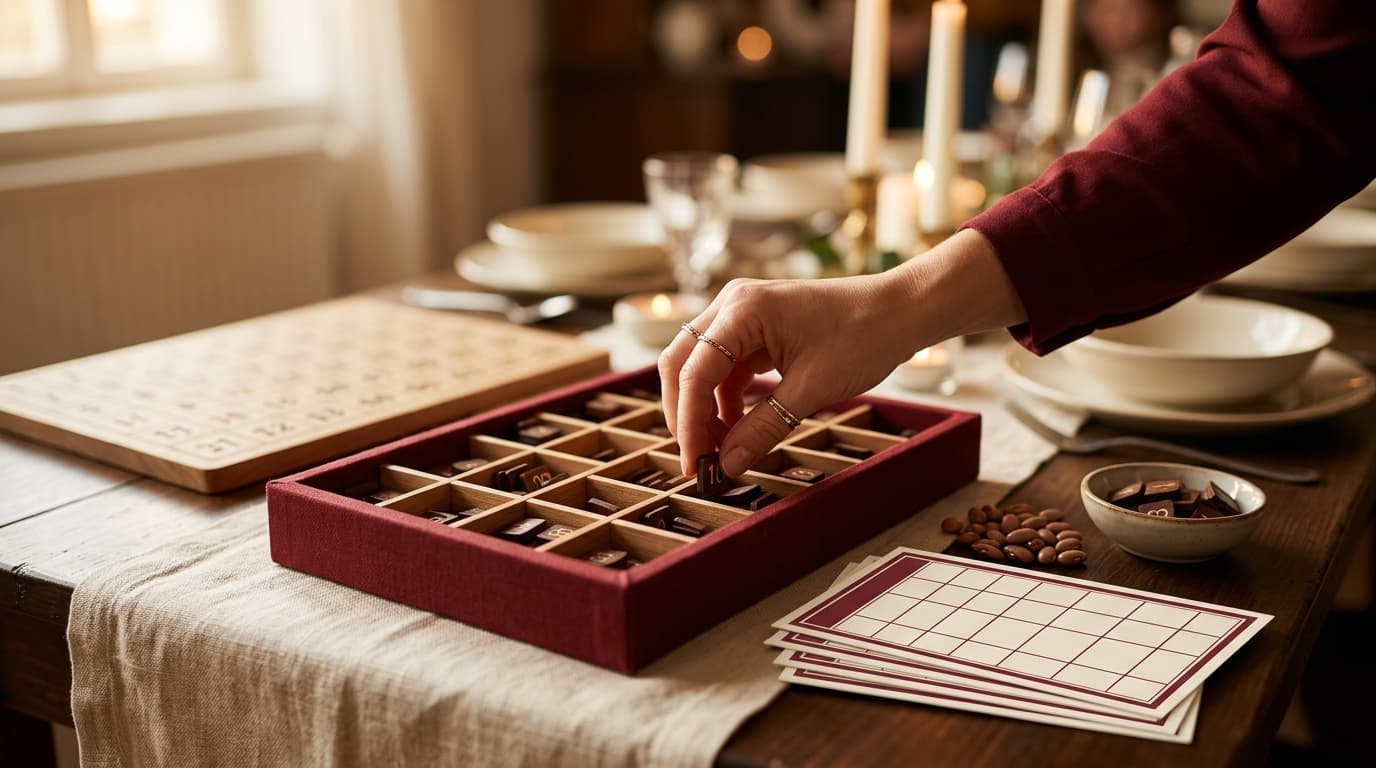 Cartelle della tombola pronte per il gioco, in un'atmosfera calda e festosa.