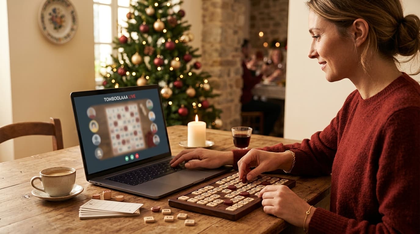 Cartelle della tombola pronte per il gioco, in un'atmosfera calda e festosa.