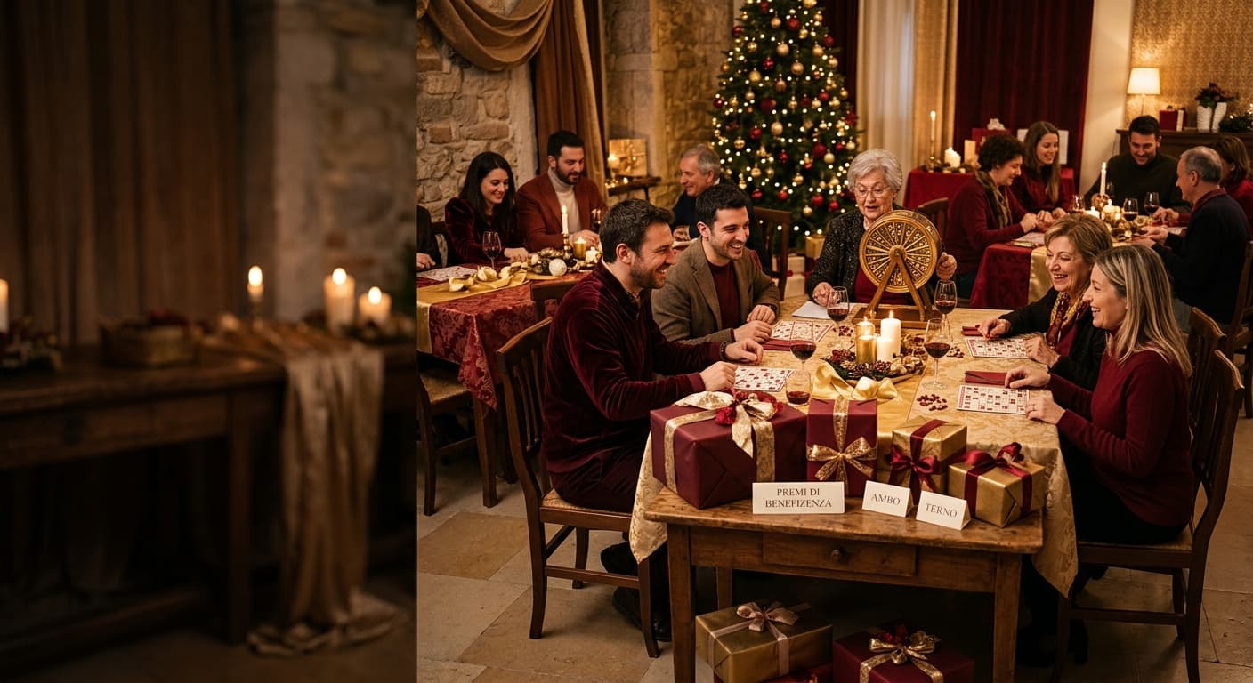 Cartelle della tombola pronte per il gioco, in un'atmosfera calda e festosa.